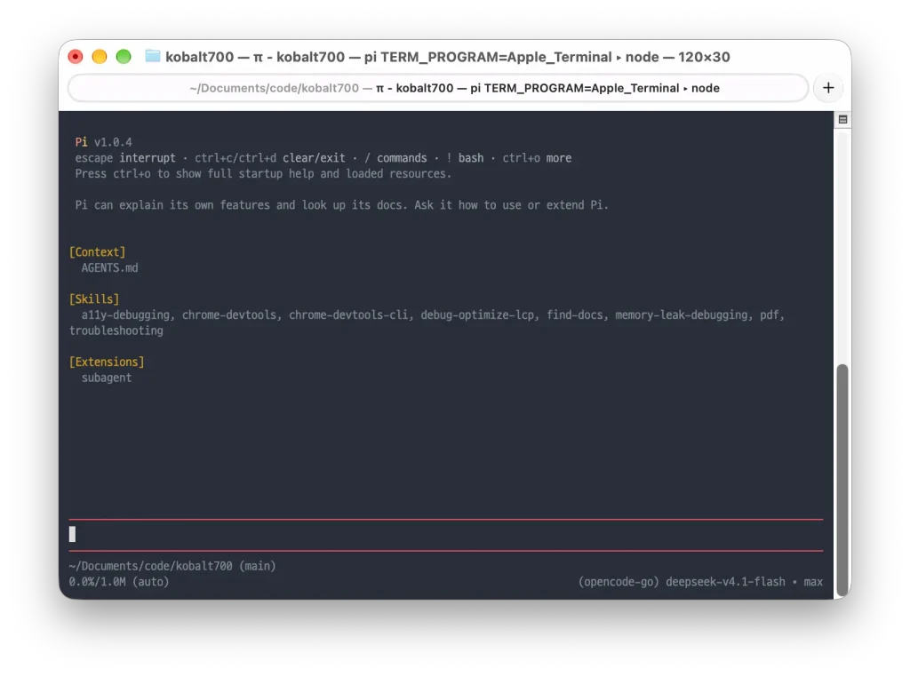 Pi running with conversation, input editor, status footer